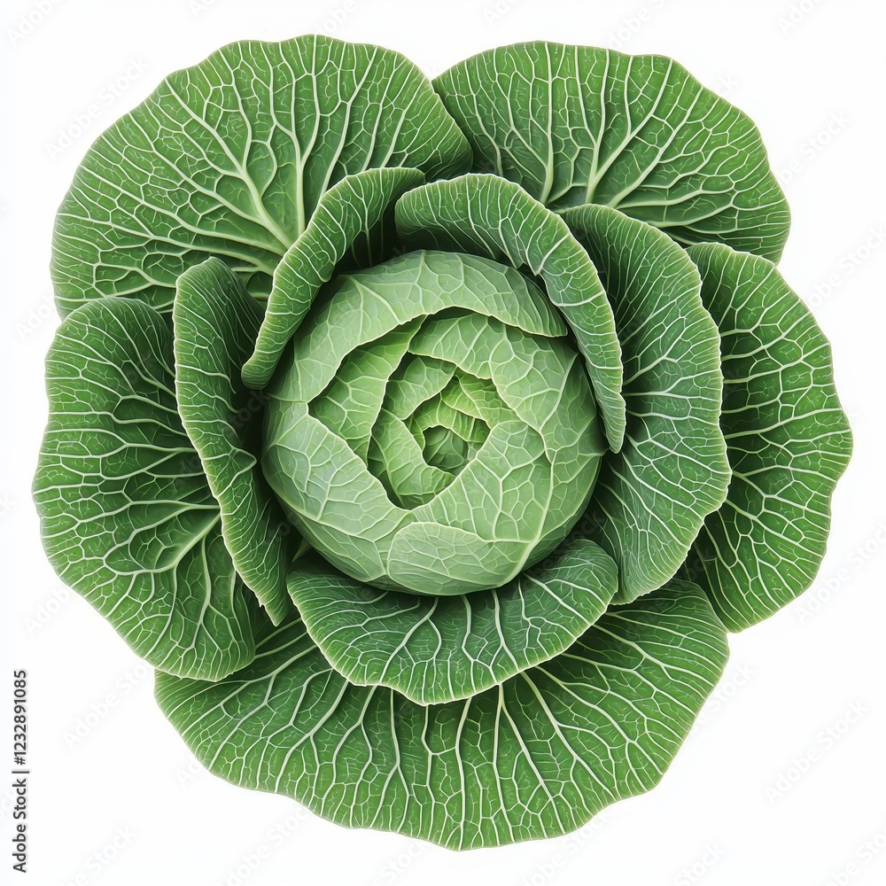 Obraz premium A fresh green cabbage, showcasing tightly packed leaves in a round shape, highlighting its vibrant color and crisp texture.