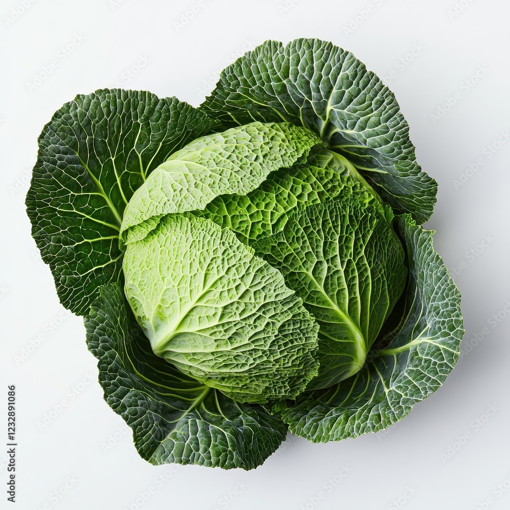 Fototapeta premium Fresh, vibrant green cabbage with layered leaves, showcasing its natural texture and color against a light background.