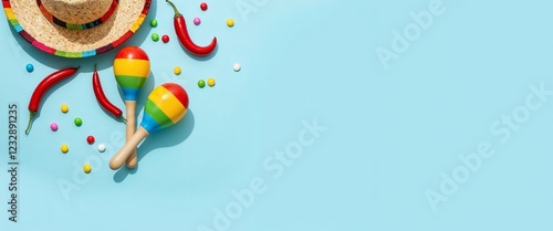 Colorful Mexican fiesta elements on blue background