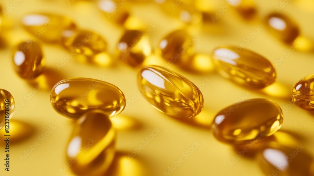 Close-up of numerous vitamin capsules scattered on a yellow background Close-up of numerous vitamin capsules scattered on a yellow background