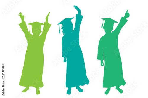 Group of graduates children in square academic caps. Cheerful people, colorful silhouette. Graduation ceremony. Vector  illustration.