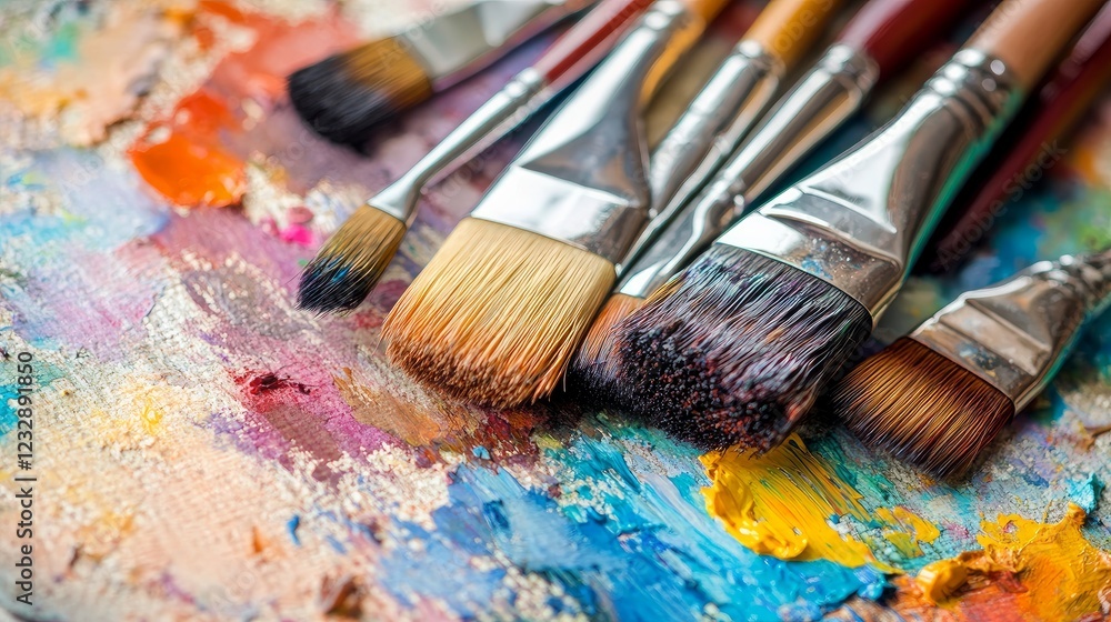 Fototapeta premium Close-up of various paintbrushes resting on a watercolor palette