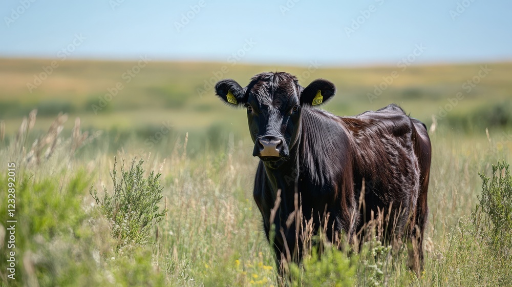 A black cow is standing in a field of tall grass A black cow is standing in a field of tall grass