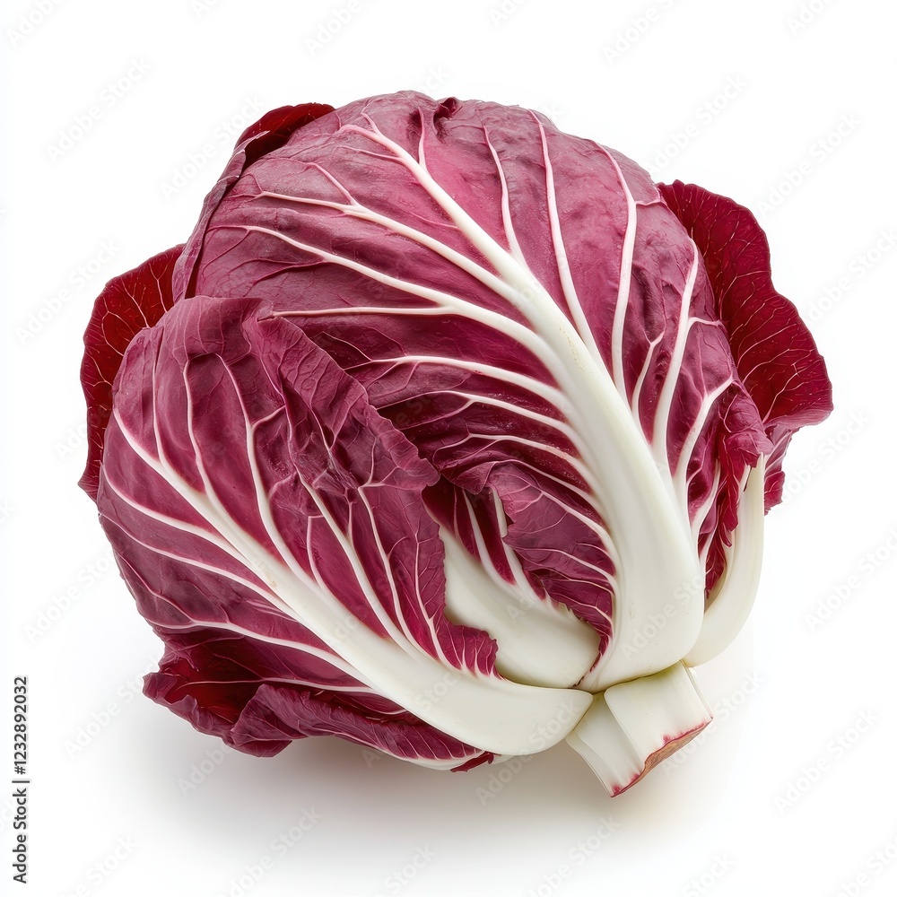 Obraz premium A vibrant red cabbage with white veins, showcasing its crisp texture and rich color, perfect for salads and culinary dishes.