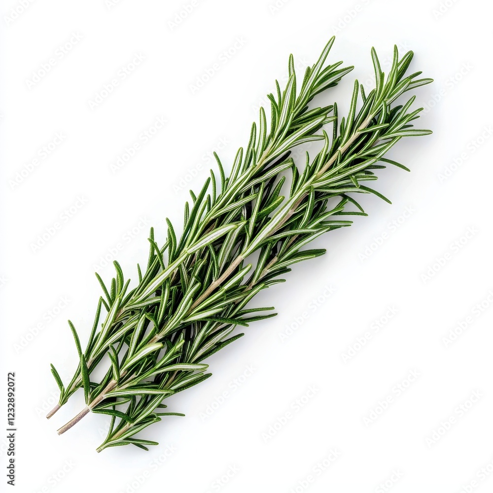 Fototapeta premium Fresh rosemary sprigs arranged elegantly, showcasing their vibrant green color and needle-like leaves, perfect for culinary and aromatic uses.