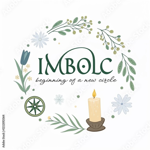 Imbolc celebration illustration with floral wreath and candle