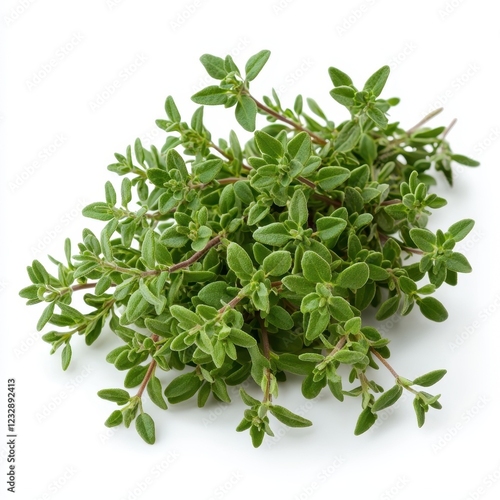 Fresh thyme sprigs arranged neatly, showcasing vibrant green leaves and slender stems, perfect for culinary use or garnishing dishes. Fresh thyme sprigs arranged neatly, showcasing vibrant green leaves and slender stems, perfect for culinary use or garnishing dishes.