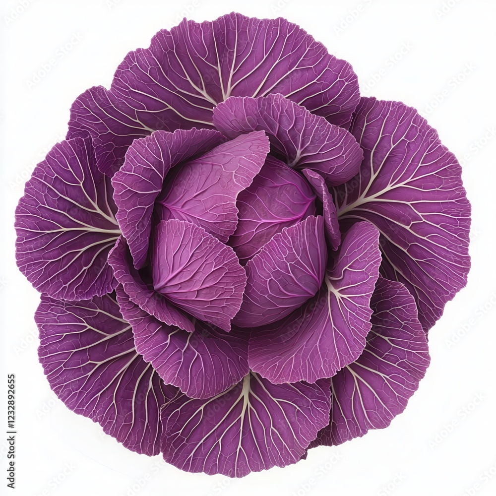 Obraz premium A vibrant purple cabbage with intricate leaf patterns, showcasing its natural beauty and freshness.