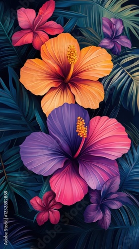 Vibrant Tropical Hibiscus Flowers in Lush Foliage.