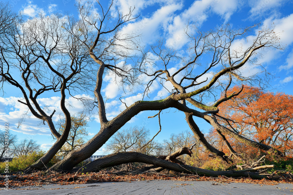 Uprooted trees in storm damaged forest under blue sky with clouds. scene captures aftermath of nature fury, showcasing resilience
