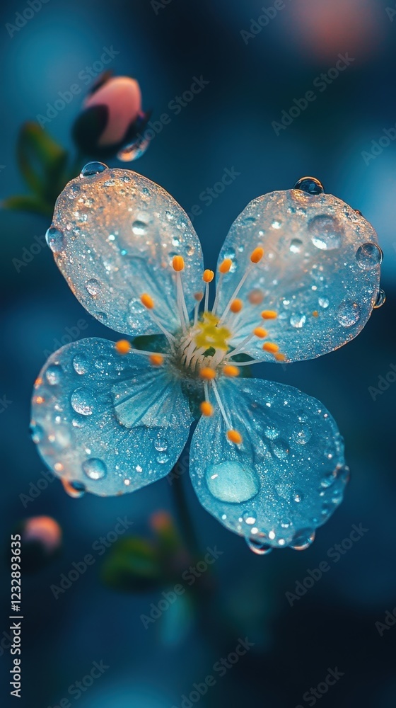 Dew-Kissed Blue Flower: Macro Photography of a Delicate Blossom. Dew-Kissed Blue Flower: Macro Photography of a Delicate Blossom.