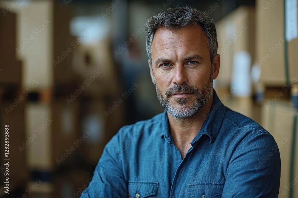 Obraz premium Middle aged handsome businessman posing in warehouse