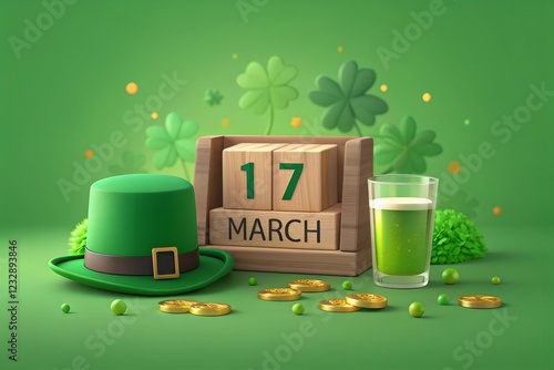 St. Patrick’s Day Celebration – March 17th Festivities with a Lucky Leprechaun Hat, Wooden Calendar, Green Beer, Gold Coins, and Shamrock-Themed Decor.