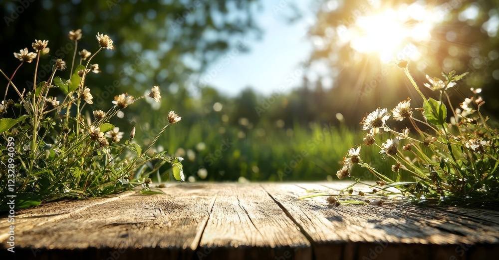 A natural spring garden setting with lush green grass, illuminated by a clear blue sky, featuring a wooden table to showcase cut-out products A natural spring garden setting with lush green grass, illuminated by a clear blue sky, featuring a wooden table to showcase cut-out products