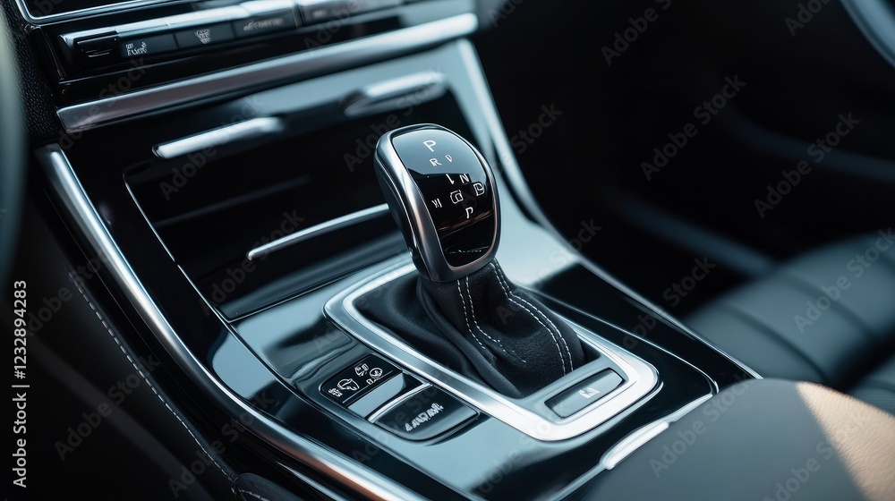 Fototapeta premium The gear shift inside a sleek modern black car