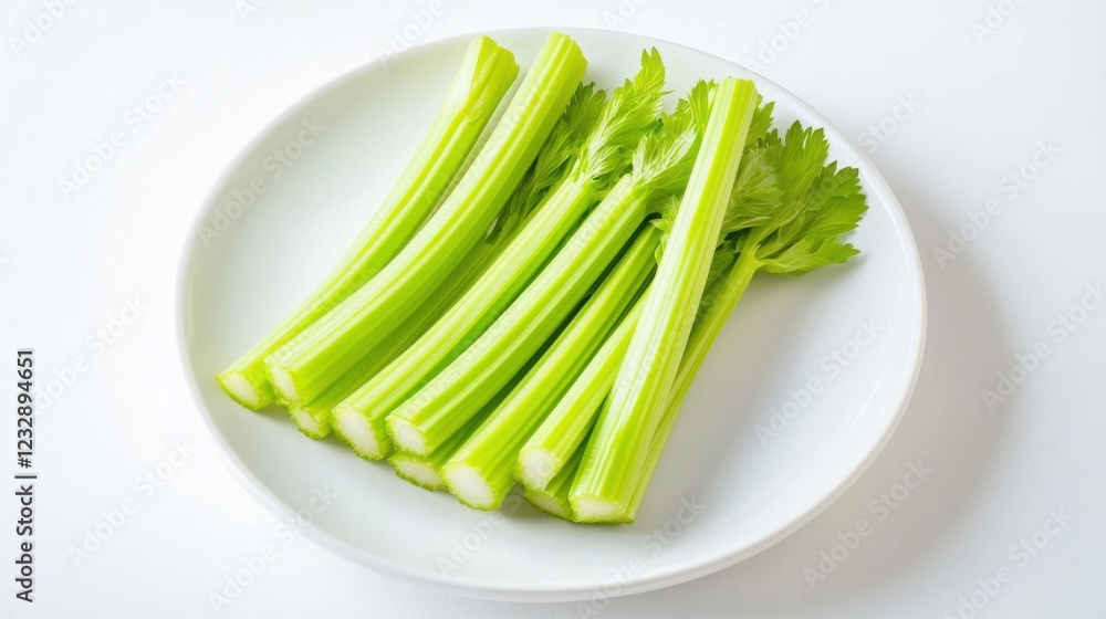 A simple plate of fresh celery sticks, neatly arranged in a simple pattern on a plain white ceramic plate, Celery sticks centered A simple plate of fresh celery sticks, neatly arranged in a simple pattern on a plain white ceramic plate, Celery sticks centered