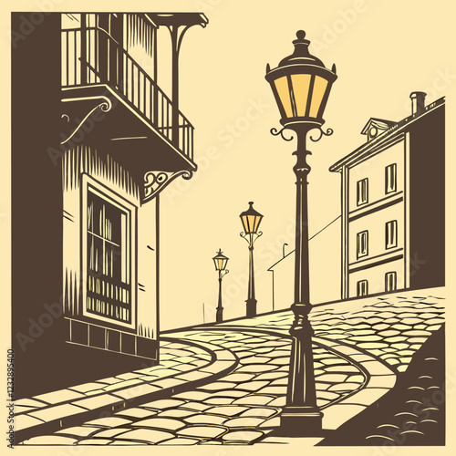 Vintage-Style Vector Illustration of a Classic Gas Lamp Streetlight Along an Old Brick Road