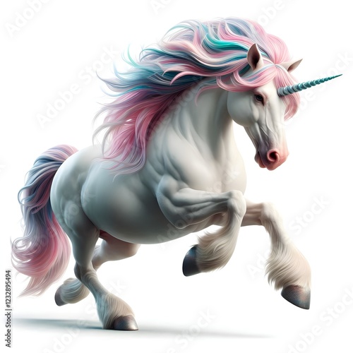 unicorn Pegasus horse white running, jumping, with pastel color shades, horn, isolated on white photo