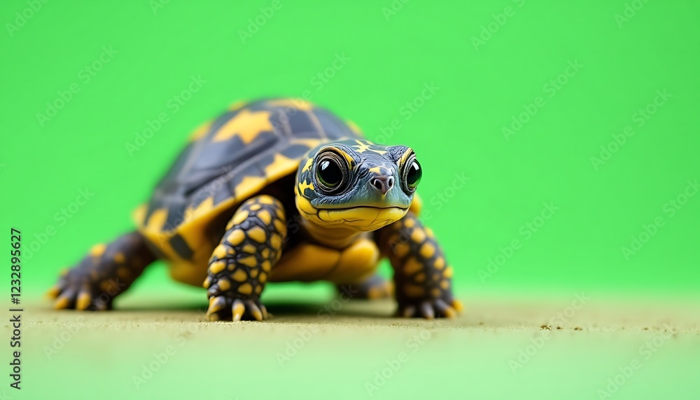 Obraz premium Adorable Baby Tortoise on Green Background