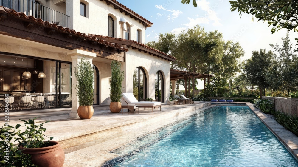 Fototapeta premium Luxurious Mediterranean Villa with Infinity Pool and Outdoor Living Space