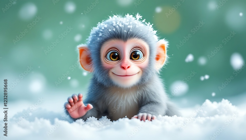 Adorable Baby Monkey in Winter Wonderland Snow Scene Adorable Baby Monkey in Winter Wonderland Snow Scene