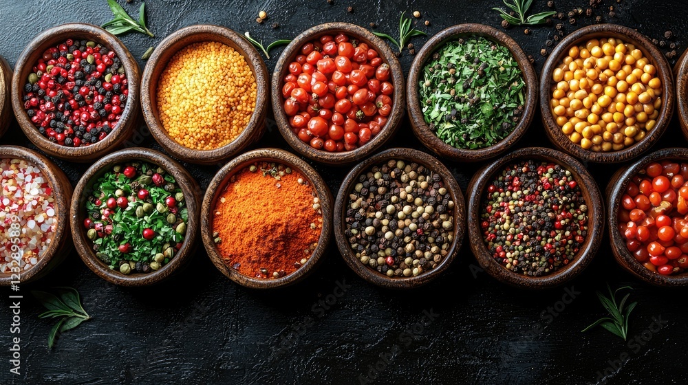 Aromatic Spices Arranged in Wooden Bowls Aromatic Spices Arranged in Wooden Bowls