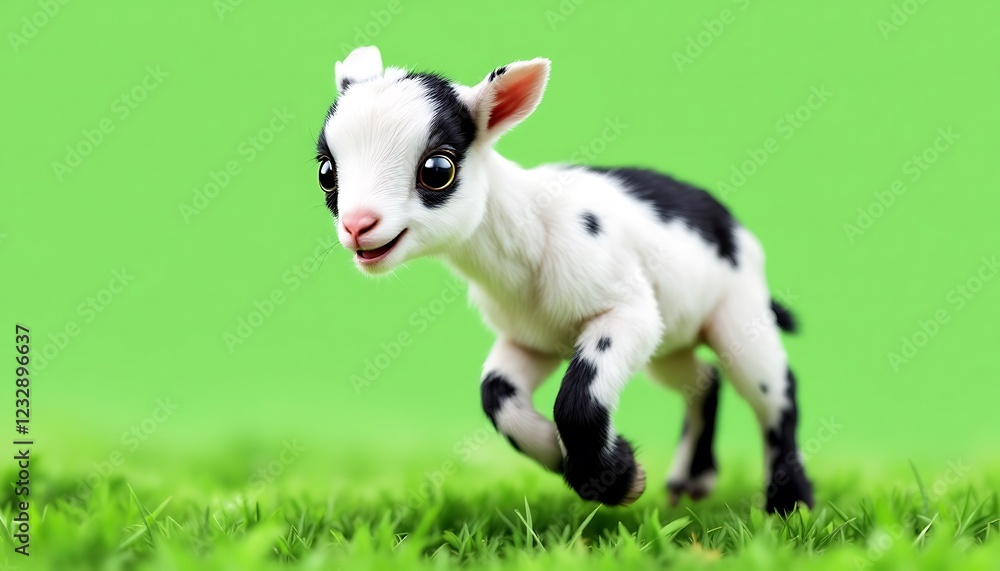 Naklejka premium Adorable Baby Goat Running in Green Grass