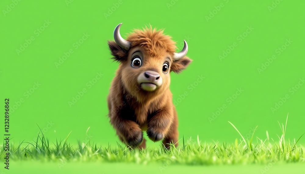 Fototapeta premium Adorable Baby Yak Running in Green Grass 3d Render