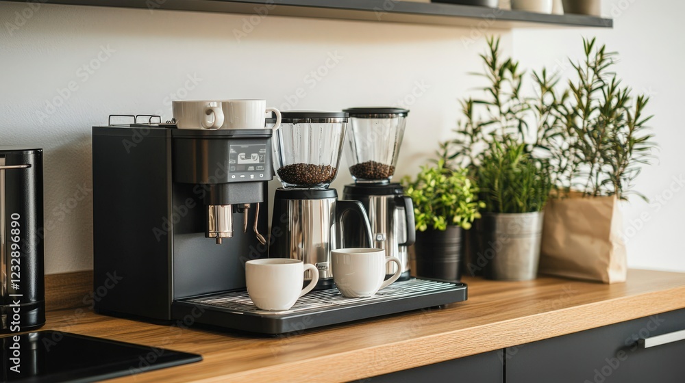 Fototapeta premium A coffee maker with two cups on it sits on a wooden counter