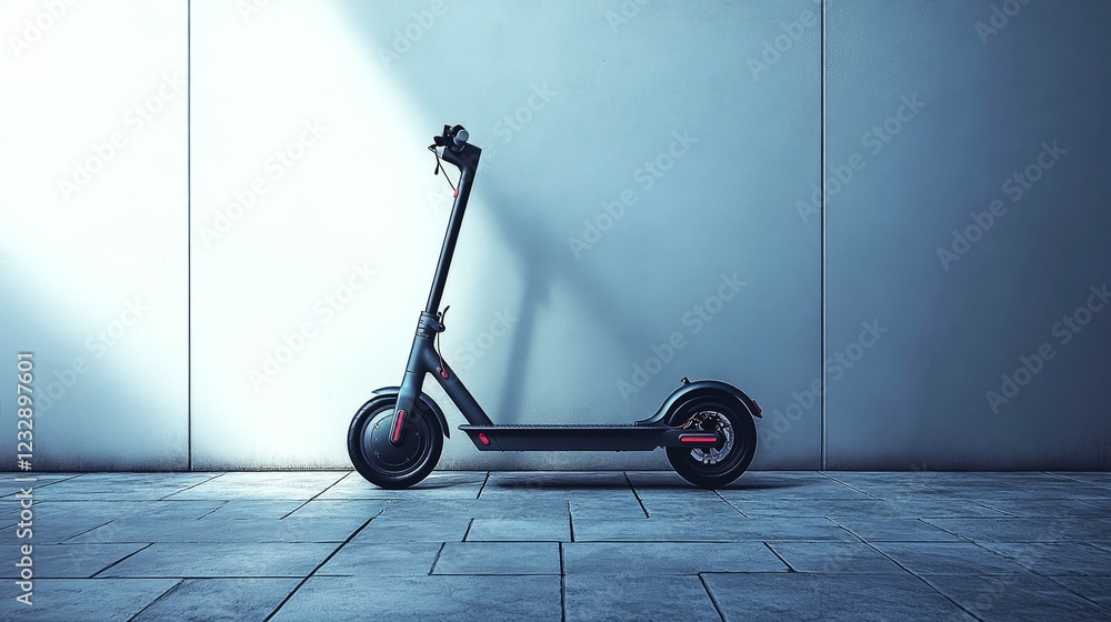 Electric scooter without front wheel leaning against a white wall in minimalist setting Electric scooter without front wheel leaning against a white wall in minimalist setting