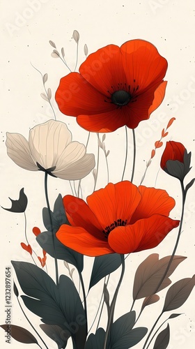 Elegant Red and Cream Poppies Floral Illustration