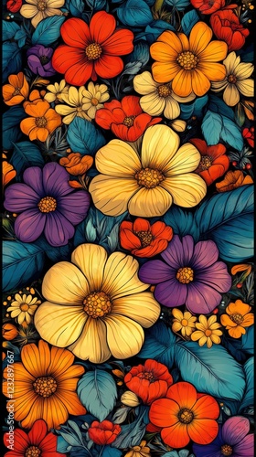 Vibrant Floral Illustration: A Tapestry of Colorful Blooms