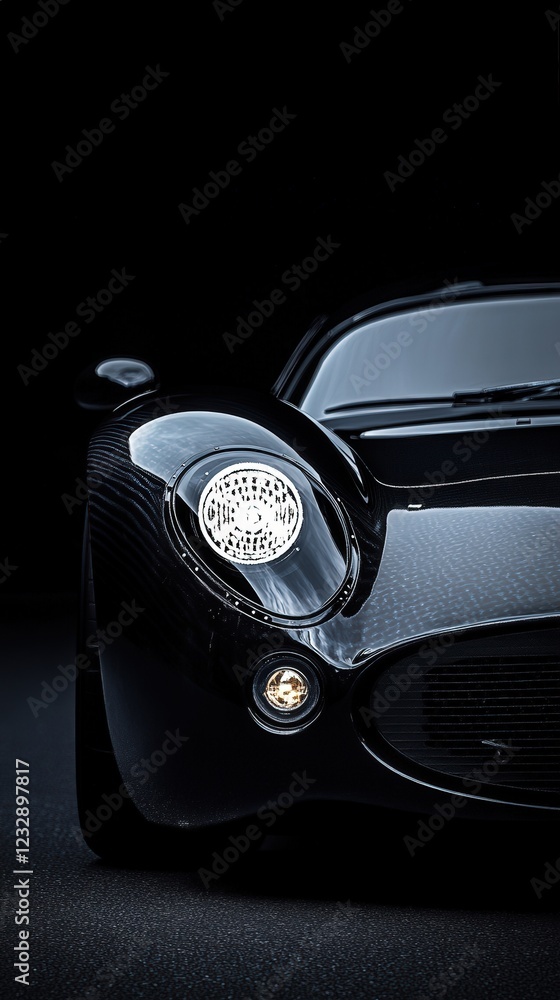 Fototapeta premium Sleek Black Classic Sports Car Headlight Detail