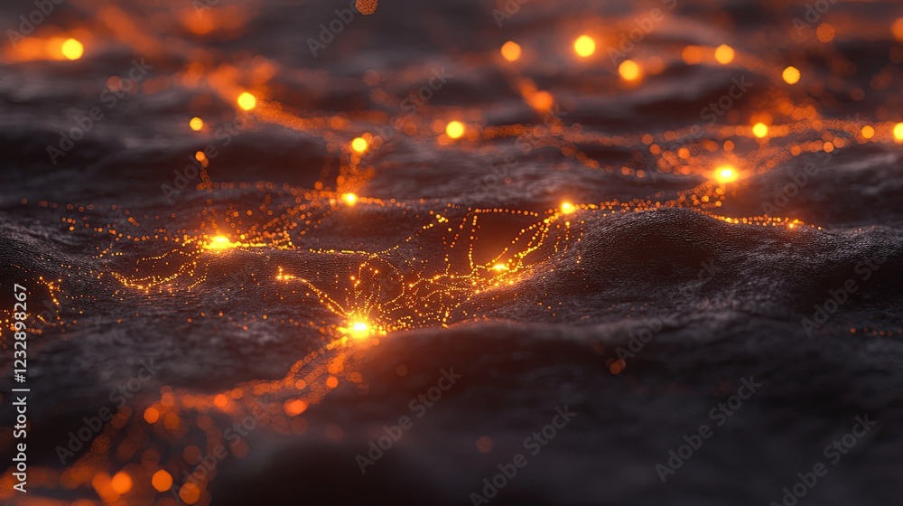 Glowing Particles Across a Dark Undulating Surface