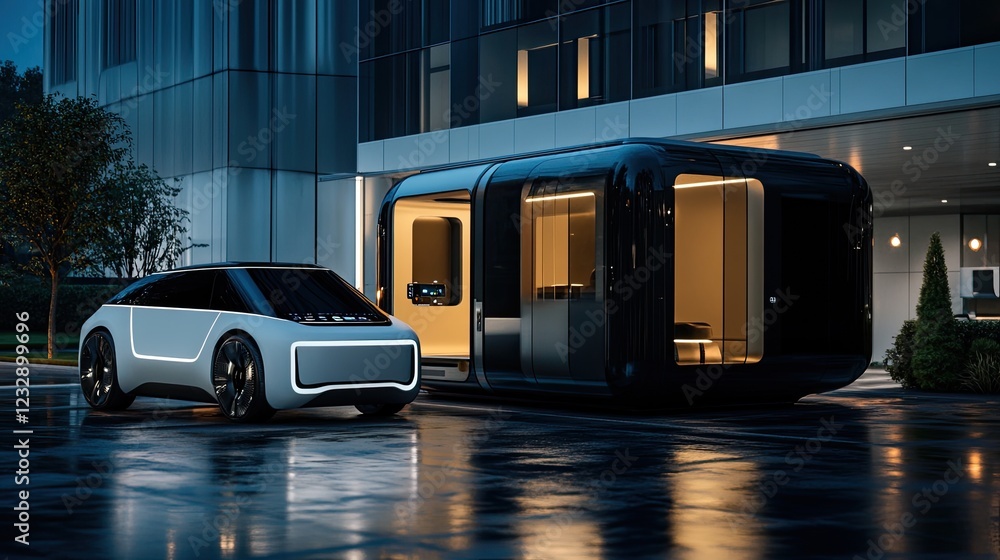 Obraz premium Futuristic Electric Vehicle and Mobile Living Unit at Night