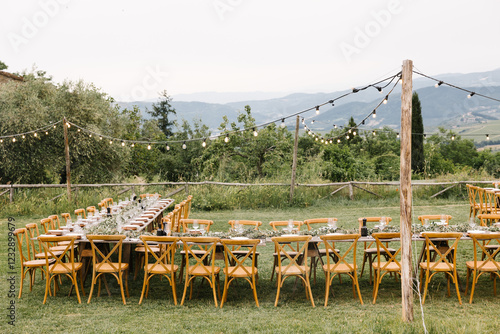 Rustic Outdoor Wedding Reception with String Lights in Tuscany Countryside