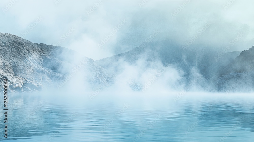 Fototapeta premium Misty Mountains Enveloping Calm Lake Waters