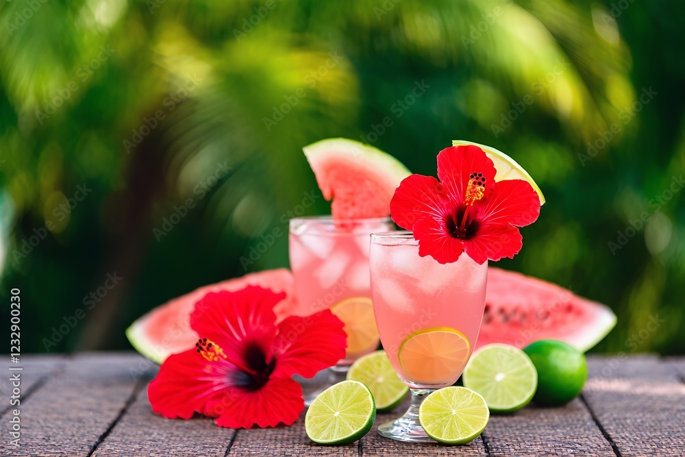 A vibrant cocktail features watermelon and hibiscus flowers, served over ice in a clear glass. The lush green backdrop enhances the colorful display of fresh ingredients. A vibrant cocktail features watermelon and hibiscus flowers, served over ice in a clear glass. The lush green backdrop enhances the colorful display of fresh ingredients.