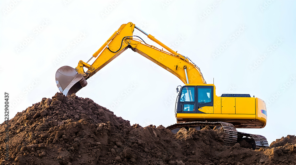 Excavator digs soil, construction site, sunny day, earthworks Excavator digs soil, construction site, sunny day, earthworks
