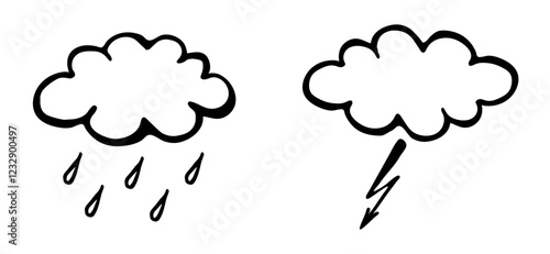 Isolated monochrome doodle cloud with rain and lightning drawing on transparent background. Vector weather icon sketch