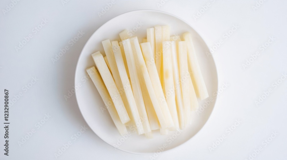 A simple plate of fresh jicama sticks, neatly arranged in a simple pattern on a plain white ceramic plate, Jicama sticks centered A simple plate of fresh jicama sticks, neatly arranged in a simple pattern on a plain white ceramic plate, Jicama sticks centered