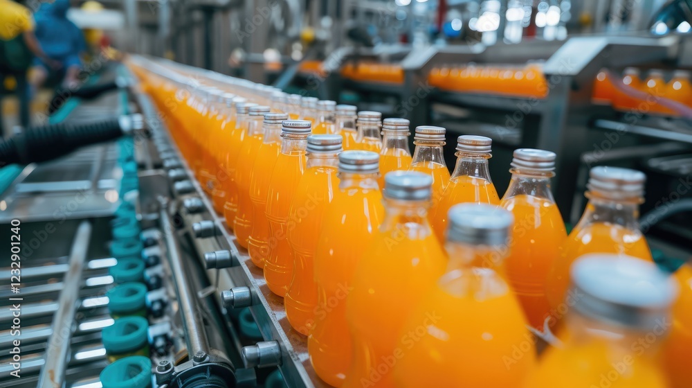 Obraz premium Orange juice bottles on a conveyor belt in a beverage factory, industrial installation, production and automation concept.