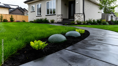 Modern home walkway, landscaping, green lawn, curb appeal, real estate