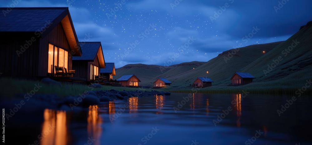 Fototapeta premium Lakeside cabins at night, starry sky, tranquil valley. Travel brochure