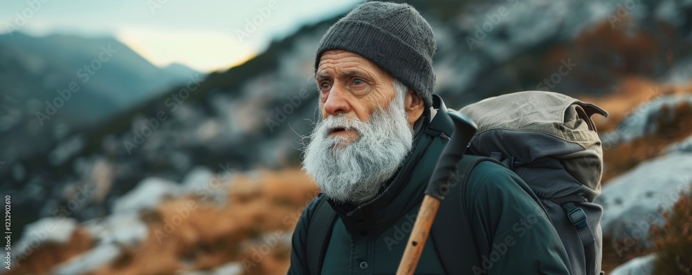 Obraz premium Elderly man hiking in rugged mountains wearing a gray hat, carrying a walking stick