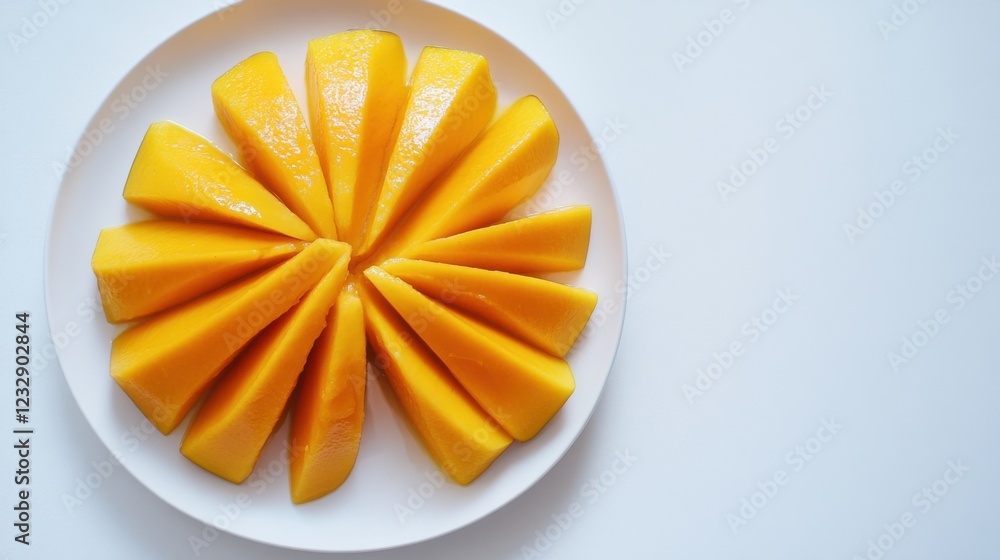 A simple plate of fresh mango slices, neatly arranged in a fanned pattern on a plain white ceramic plate, Mango slices centered A simple plate of fresh mango slices, neatly arranged in a fanned pattern on a plain white ceramic plate, Mango slices centered