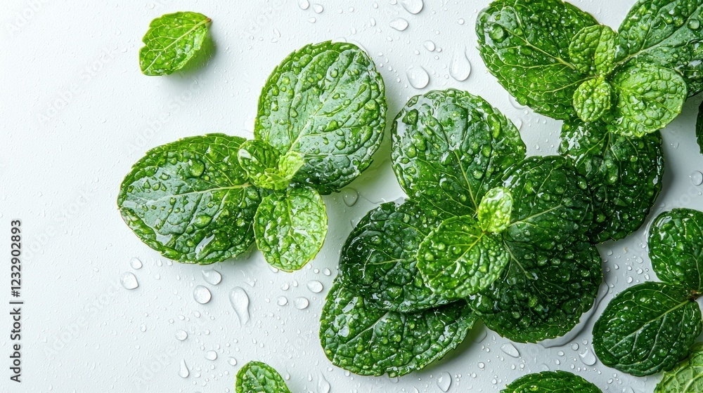 Obraz premium Fresh mint leaves with water drops on white background for culinary use