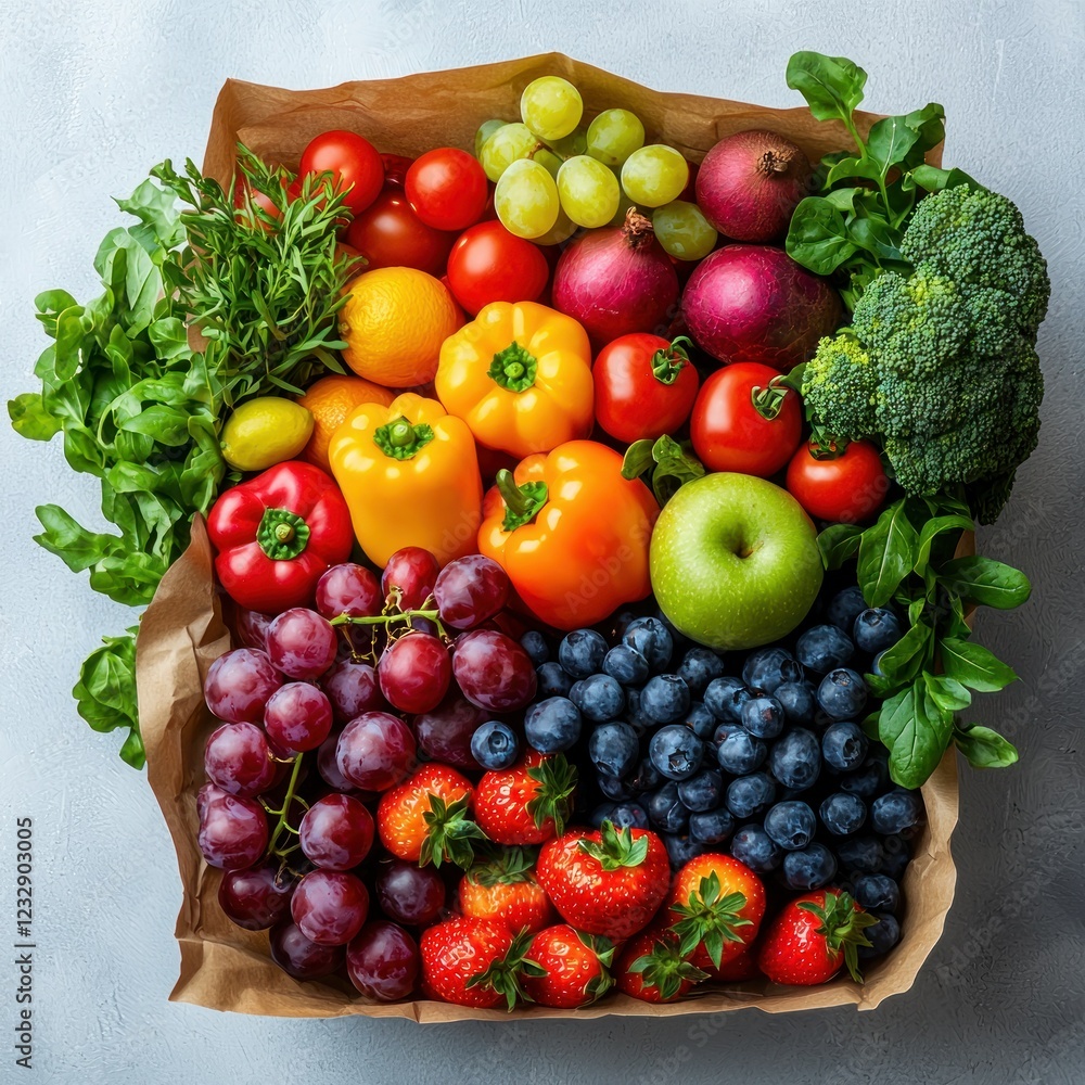 Fresh produce rainbow in paper bag on gray backdrop for healthy eating