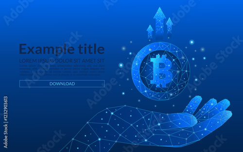 Bitcoin currency technology income increase concept. Abstract concept of coins in a hand and up arrows on blue background. Money coins in a hand. Profit growth. 