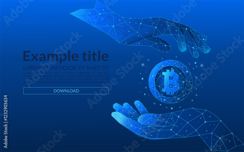 Bitcoin savings concept. 3D man hands holding a flying bitcoin coin. Finance vector illustration on blue technology background. Cashback and finance metaphor.